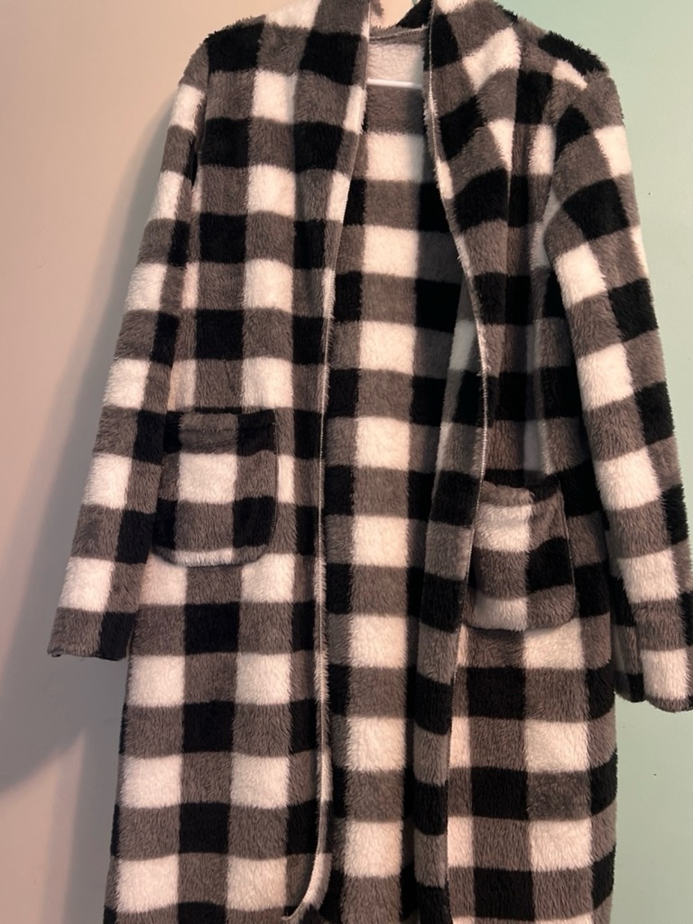 SHEIN Black & White Plaid Teddy Open-Front Coat